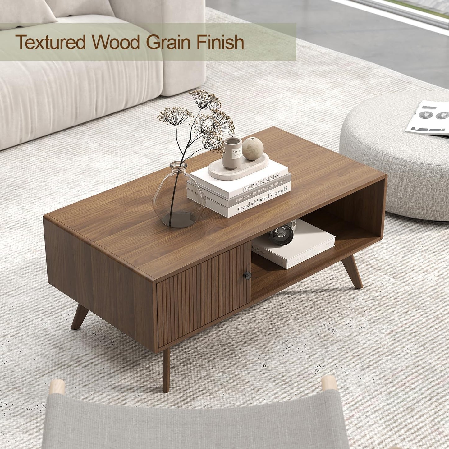 Manora Mid Century Modern Coffee Table with Storage Cabinet and Open Shelf, Wooden Living Room Table with Fluted Drawer and Solid Wood Legs, Walnut Finish Center Table for Small Spaces
