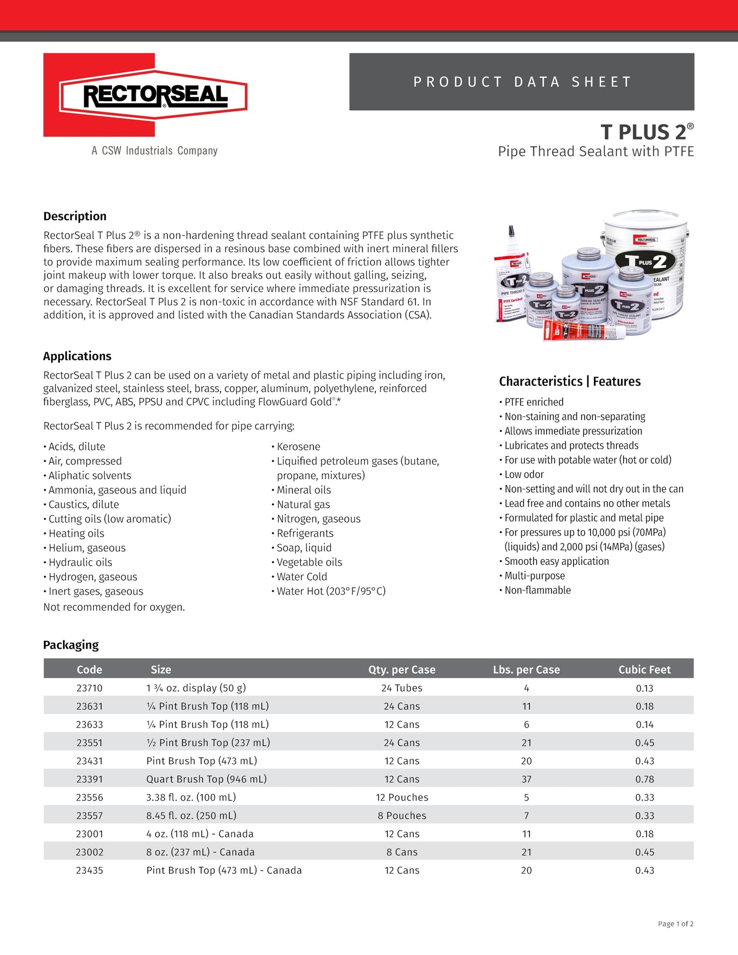 RectorSeal T Plus 2 23631 Pipe Thread Sealant, Non-Hardening, PTFE Enriched, Plumbing, 1/4 Pint