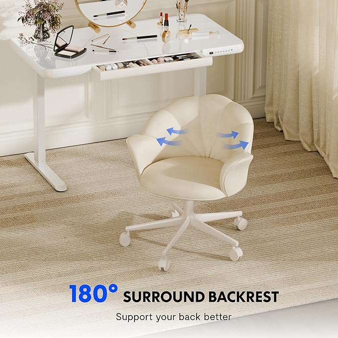 FLEXISPOT Makeup Vanity Chair with Back Velvet Armless Home Office Desk Chairs with Wheels, Cute Flower Modern Accent Chair for Girls Women Living Room Bedroom Vanity Study Small Space, White