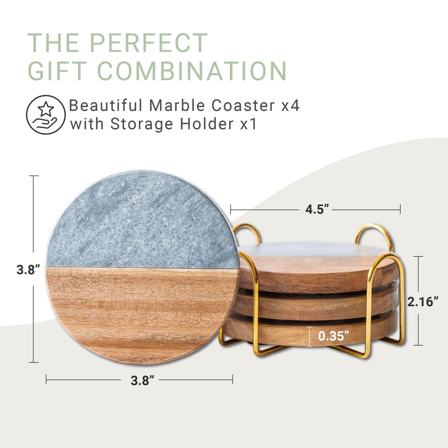Custom Vibes Luxury Marble and Wood Coasters, Set of 4 with Gold Stand, Unique Décor Gift for Weddings, Engagements, and Anniversaries (Sea Spray)