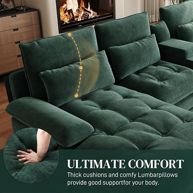 BEQAI 134"U Shaped Sectional Couches for Living Room,Oversized Modular Sectional Fluffy Couch with Chaise Lounge & Tufted Buttons,Modern Chenille 6 Seat Living Room Sofa Set with Storage Console,Green