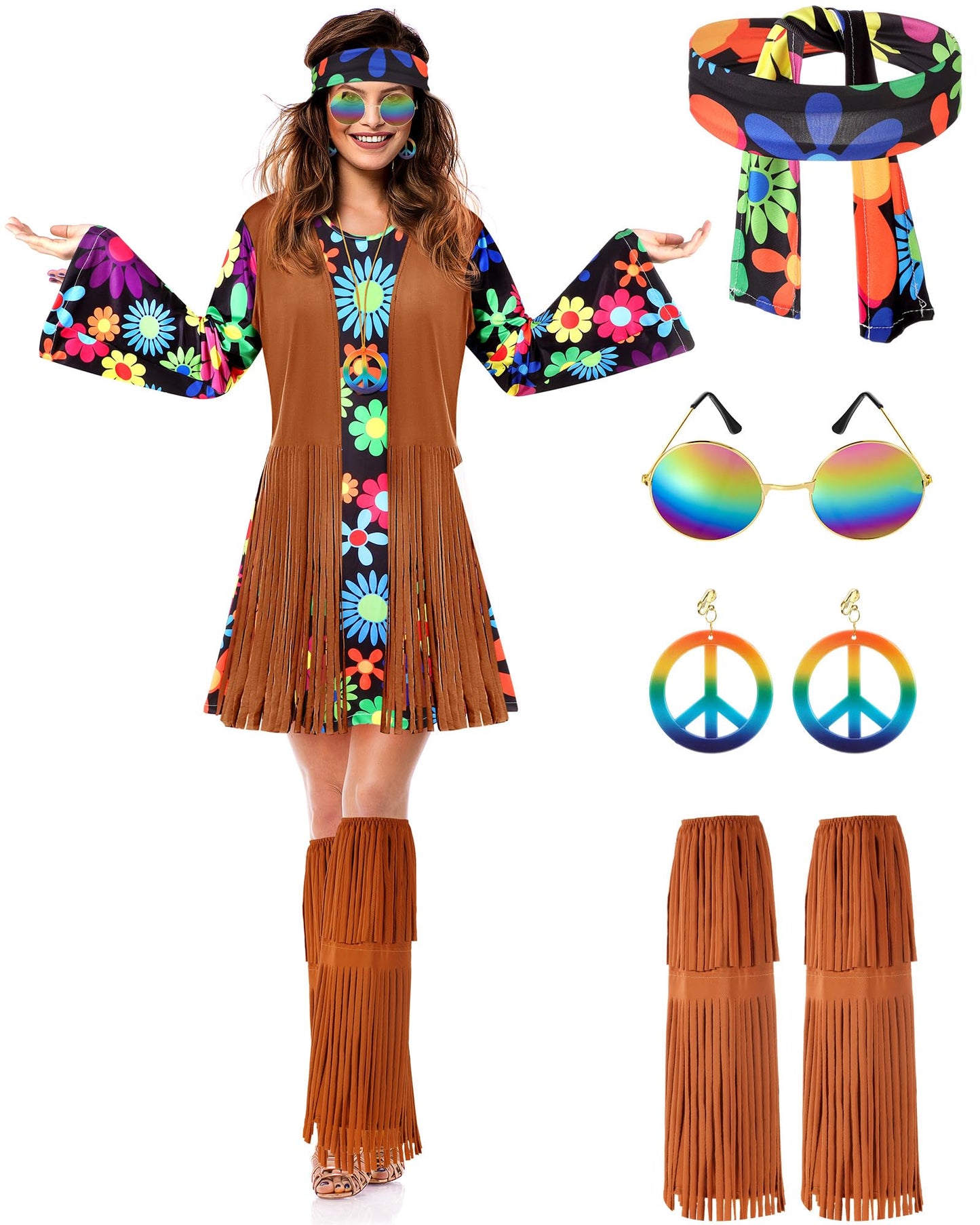 SATINIOR Hippie Costume Set Women 60s 70s Disco Outfits Halloween Party Dress Accessories for Adult(XL)