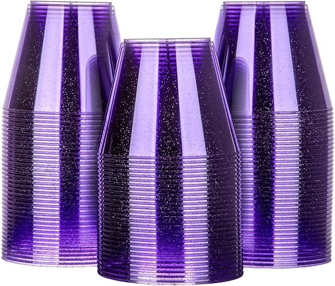 Homy Feel 9 Oz Purple Glitter Plastic Cups - 100PCS, Disposable Cocktail & Wine Cups for Wedding Party