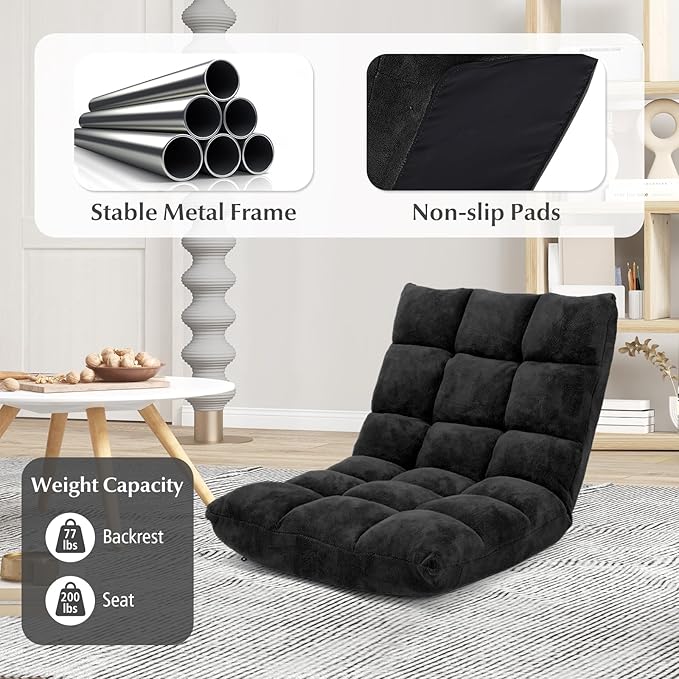 Folding Floor Chair w/Back Support, 14-Position Adjustable Lazy Sofa Chair w/Coral Velvet Fabric & Alloy Steel Frame, Portable Meditation Chair for Reading, Gaming,Sleeping (Black)