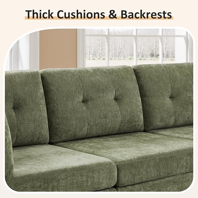 VANOMi 4 Seater Cloud Couches for Living Room with 2 Ottomans, 118" Modular Sectional Sofas & Couches, Comfy Chenille Cloud Sectional Couch Sofa for Apartment, Office, Green, U Shaped