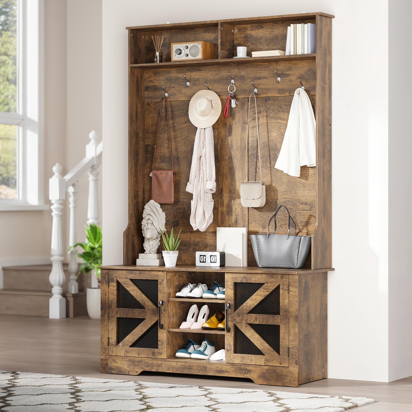 Gizoon Hall Tree with Storage Bench, 5-in-1 Entryway Bench with Coat Rack, Shoe Cubbies, Coat Hooks and Barn Door, Shelf for Foyer, Mudroom,Retro