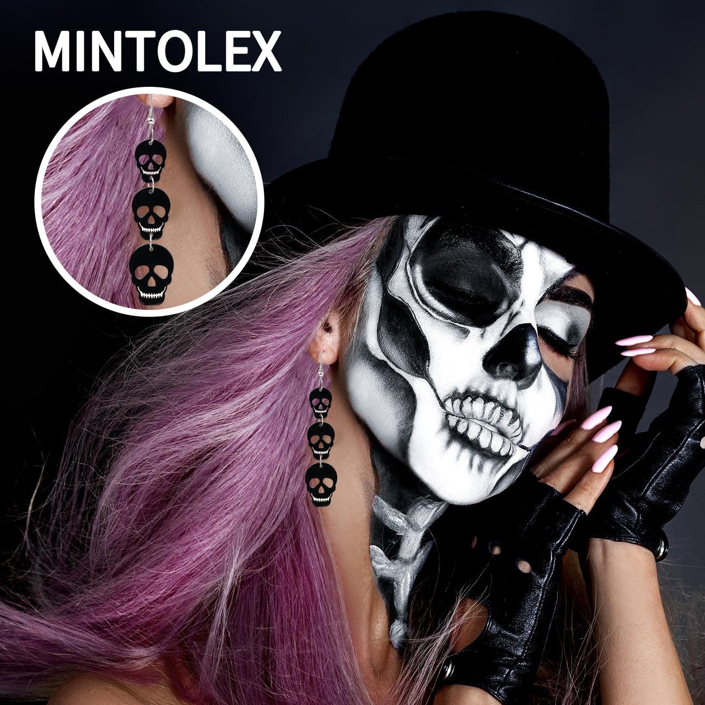 Mintolex Acrylic Halloween Earrings Black Skull Bat Drop Dangle Earrings for Women Fun Cute Spooky Halloween Holiday Costume Jewelry, Skull