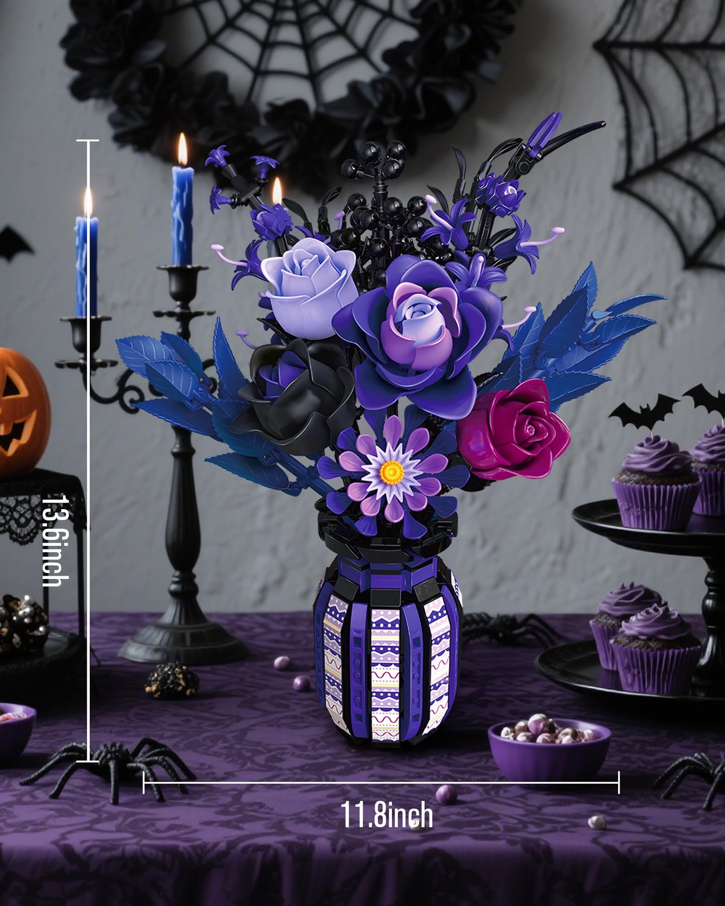 Halloween Flowers Building Set with Vase for Adults, Purple Roses Compatible with Lego Flowers Botanical Collection, 14+