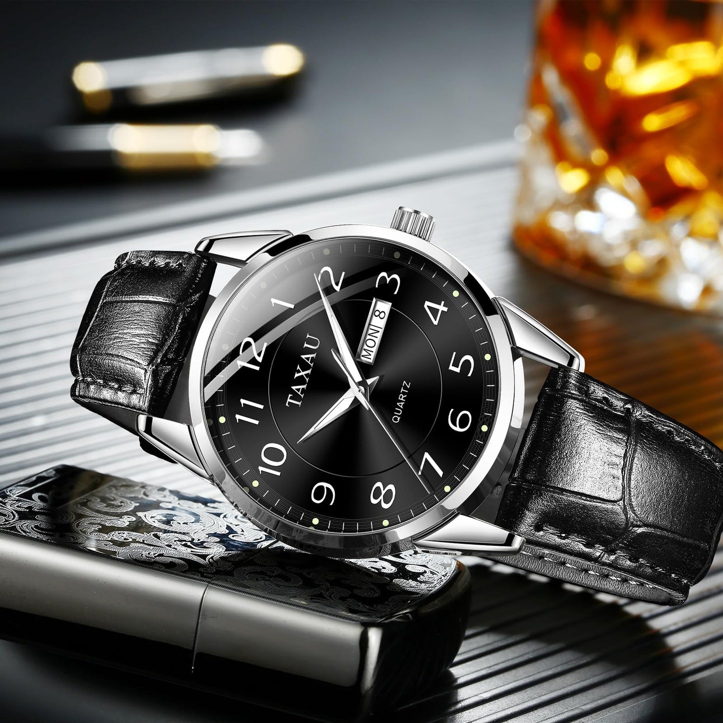 Taxau Men Leather Watch Dress Watches for Men Black Band Waterproof Mens Watch Analog Quartz Men's Wrist Watch with Date Day, Arabic Number, Water Resistant Luminous Large Face