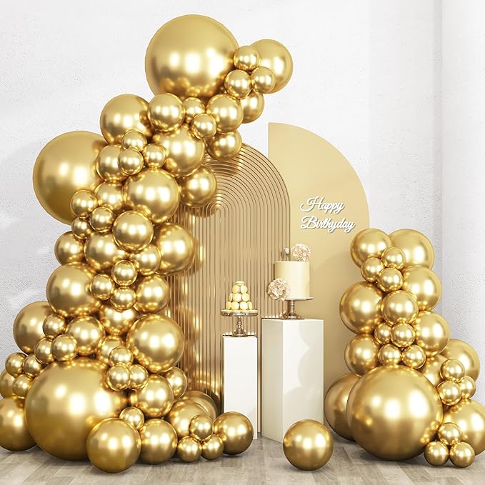 RUBFAC 135pcs Gold Balloons Different Sizes 18 12 10 5 Inch for Garland Arch, Latex Metallic Balloon for Birthday Graduati...