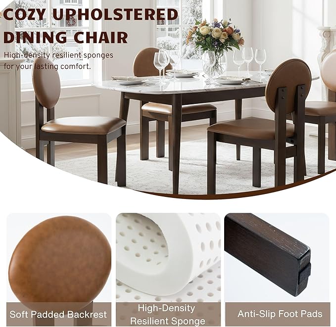 Modern Wood Dining Chairs Set of 2, Farmhouse Brown Faux Leather Kitchen Chairs with Round Back & Walnut Legs, Mid-Century Armless Upholstered Accent Chairs for Dining Room/Living Room/Restaurant