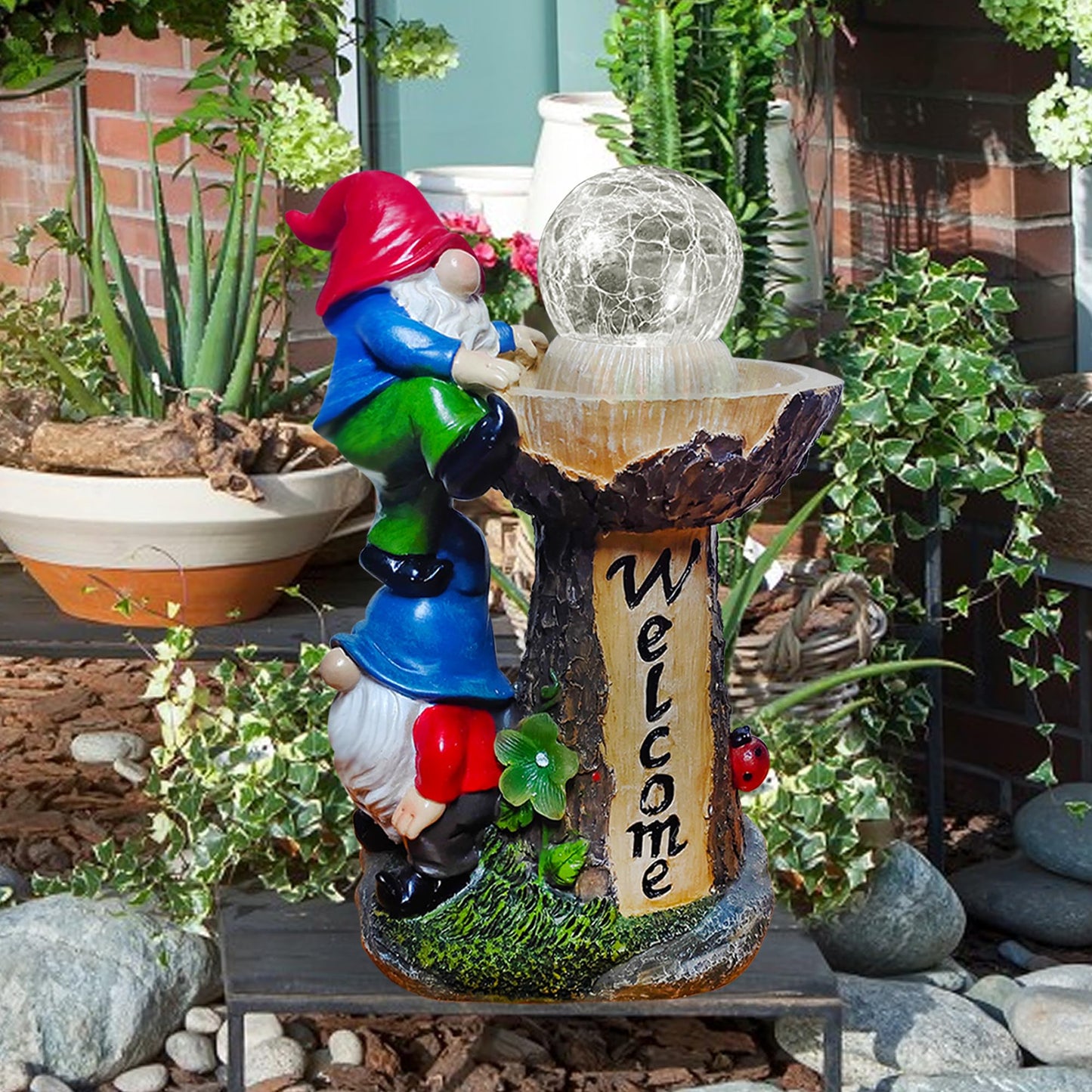 Binqiuu Garden Gnome Statues, Garden Statues for Outside with Solar LED Lights,10.4 in Funny Double Gnomes Sculptures Outdoor Decorations for Yard, Ideal Gnomes Gifts for Women/Grandma/Mom