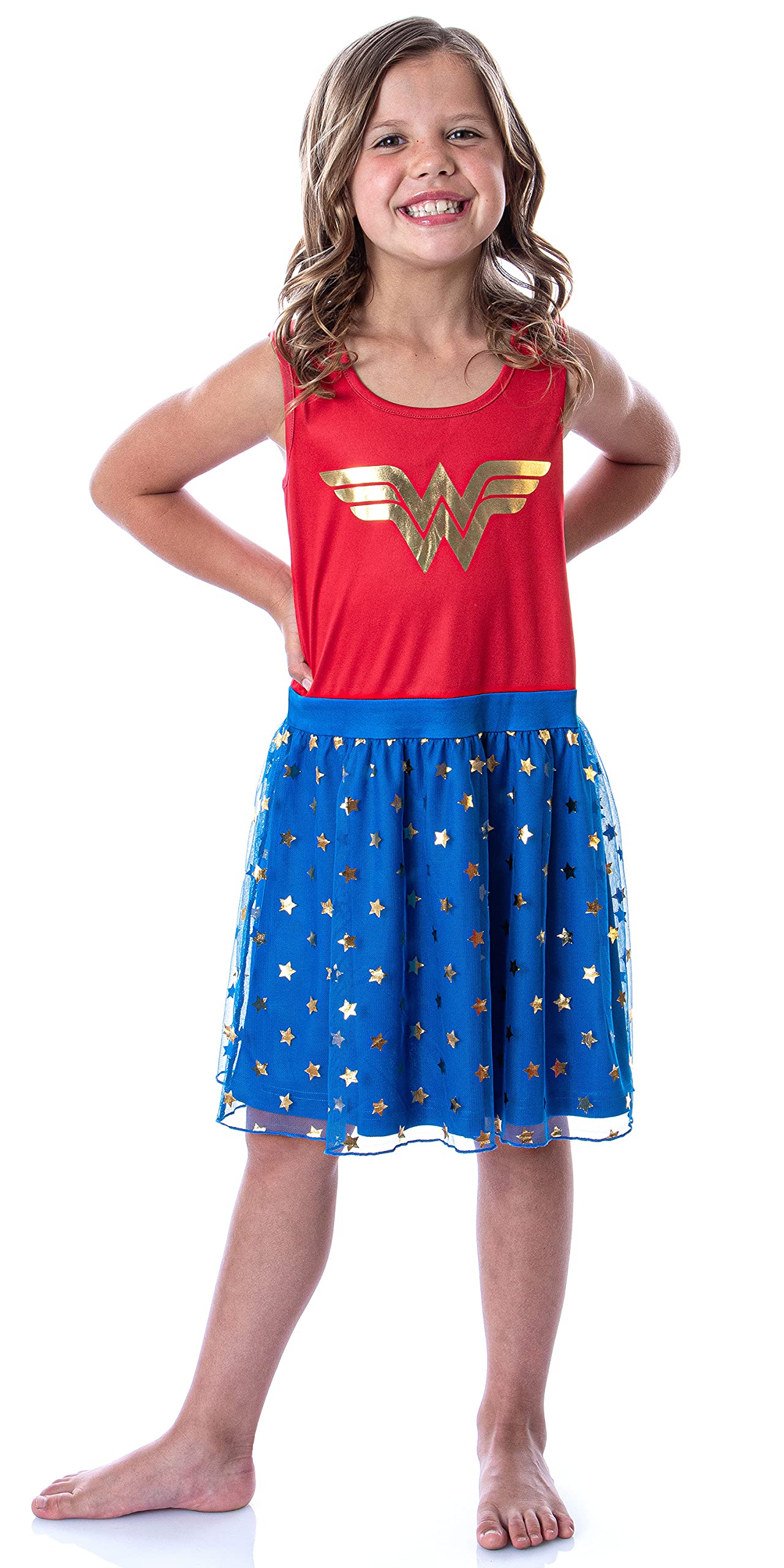 INTIMO DC Comics Girl's Wonder Woman Logo and Stars Tank Nightgown Costume Pajama Dress (6/6x)