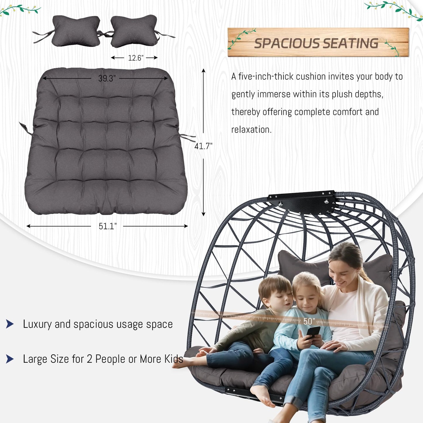 BLUEXYARD Large 2 Seater Hanging Egg Chair with Stand, 700 Lbs Capacity Oversized Outdoor Wicker Hammock Loveseat, Comfortable Cushioned Double Swing Chair for Balcony Garden Bedroom Patio, Dark Gray