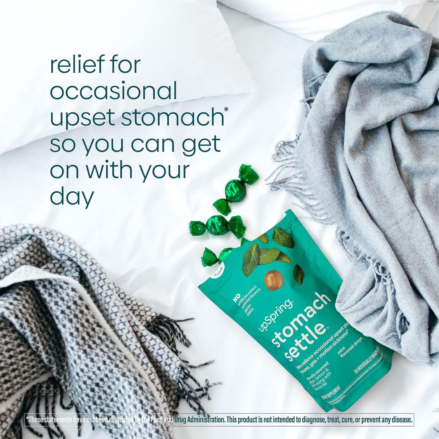 UpSpring Stomach Settle Drops for Occasional Nausea Relief, Upset Stomach and Motion Sickness with Ginger, Lemon, Spearmint and B6, Mint Flavor Drops, 56ct (Pack of 2)