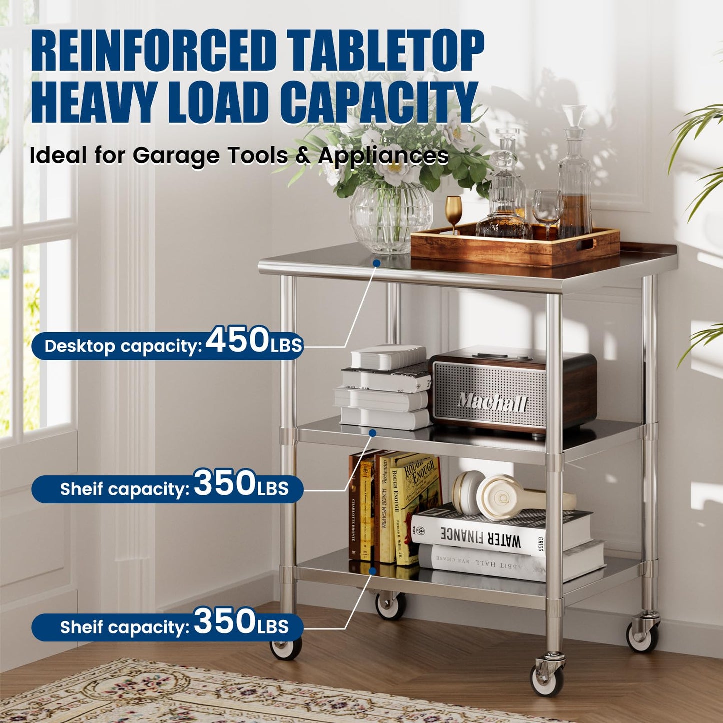 Chingoo Stainless Steel Work Table with Wheels, 24x36 Inch NSF Food Prep Table with Backsplash & 2 Adjustable Undershelves for Commercial Kitchen, Restaurant, Garage