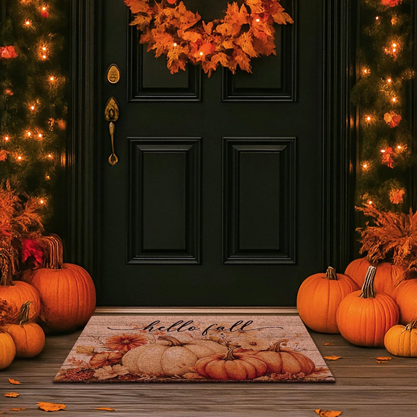 Lanpn Fall Welcome Natural Coir Door Mat, Hello Fall Harvest Pumpkin Coco Front Door Outdoor Doormat Outside Entrance Porch Non Slip Rubber Rug Autumn Halloween Thanksgiving Farmhouse Decor 30x17 inch