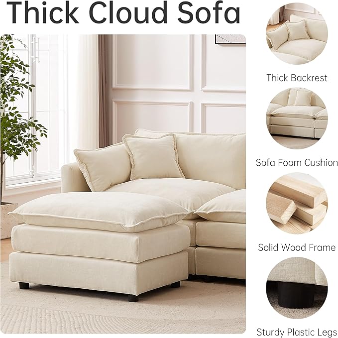 saows Modular Sectional Sofa, 112.2 Inch Rectangle Shaped Couch Set with Armrests, 3-Seater Comfy Cloud Couches for Living Room Apartment, Beige