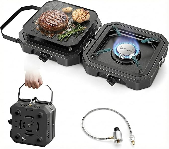 Gonex 2 Burner Propane Camping Stove with Griddle & Grates, Portable Foldable Cooking Stove with Total 16,000 BTU, Two Pie...
