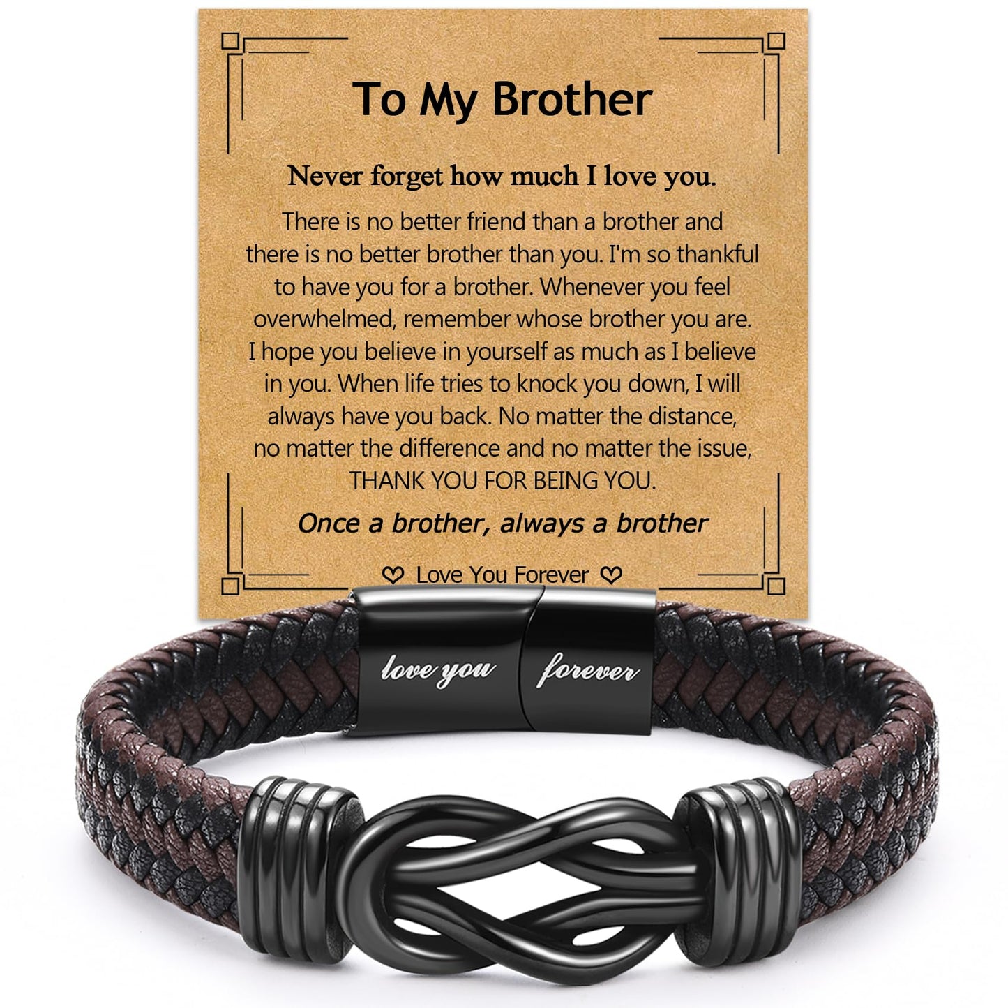 EPIRORA Gifts for Brother- Brown Braided Leather Bracelets Stainless Steel Infinity Knot Bangle for Men & Boys, Christmas Stocking Stuffers Birthday Valentine's Day Brother Gifts