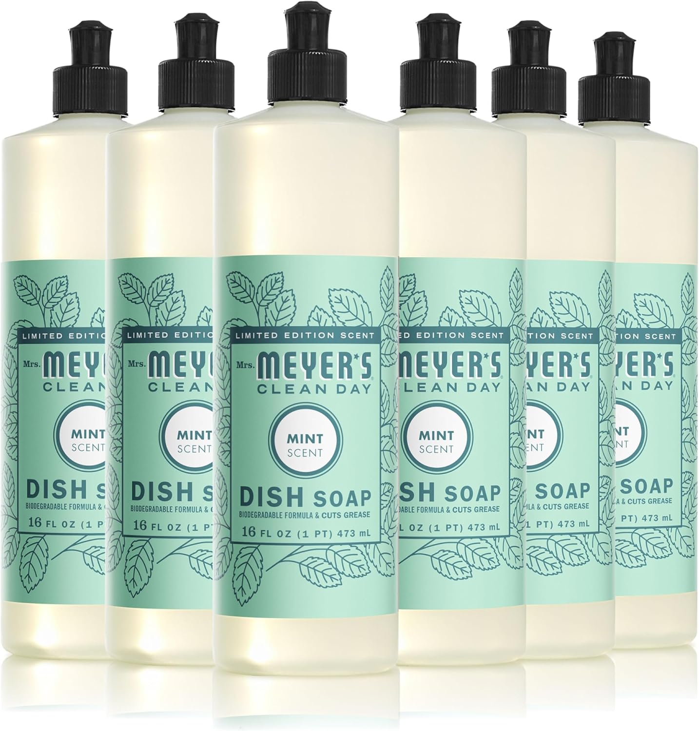 MRS. MEYER'S CLEAN DAY Liquid Dish Soap, Biodegradable Formula, Limited Edition Mint, 16 fl. oz - Pack of 6