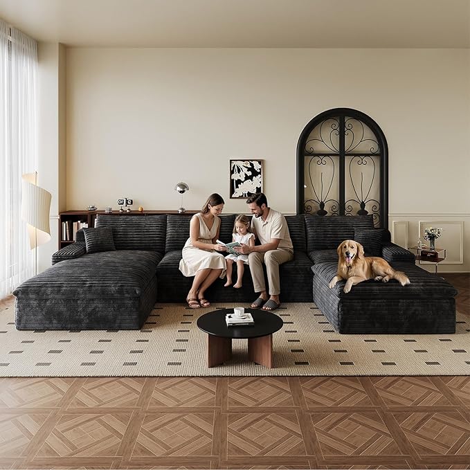 136" Cloud Sectional Couch U-Shaped Chaise with Ottoman, Corduroy Boneless Couch for Living Room Bedroom, Deep-Seat Upholstered Modular Cloud Sofa, No Assembly Required (Black, Left Facing Chaise)