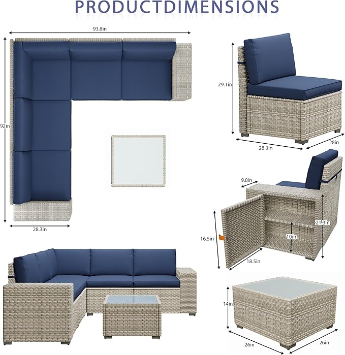 Broivira 13 Piece Patio Furniture Set with 50,000 BTU Rattan Fire Pit Table That Converts to Coffee Table, 9.8" Wide Arm Sectional Sofa with Storage Armrests, Outdoor Rattan Conversation Set, Blue