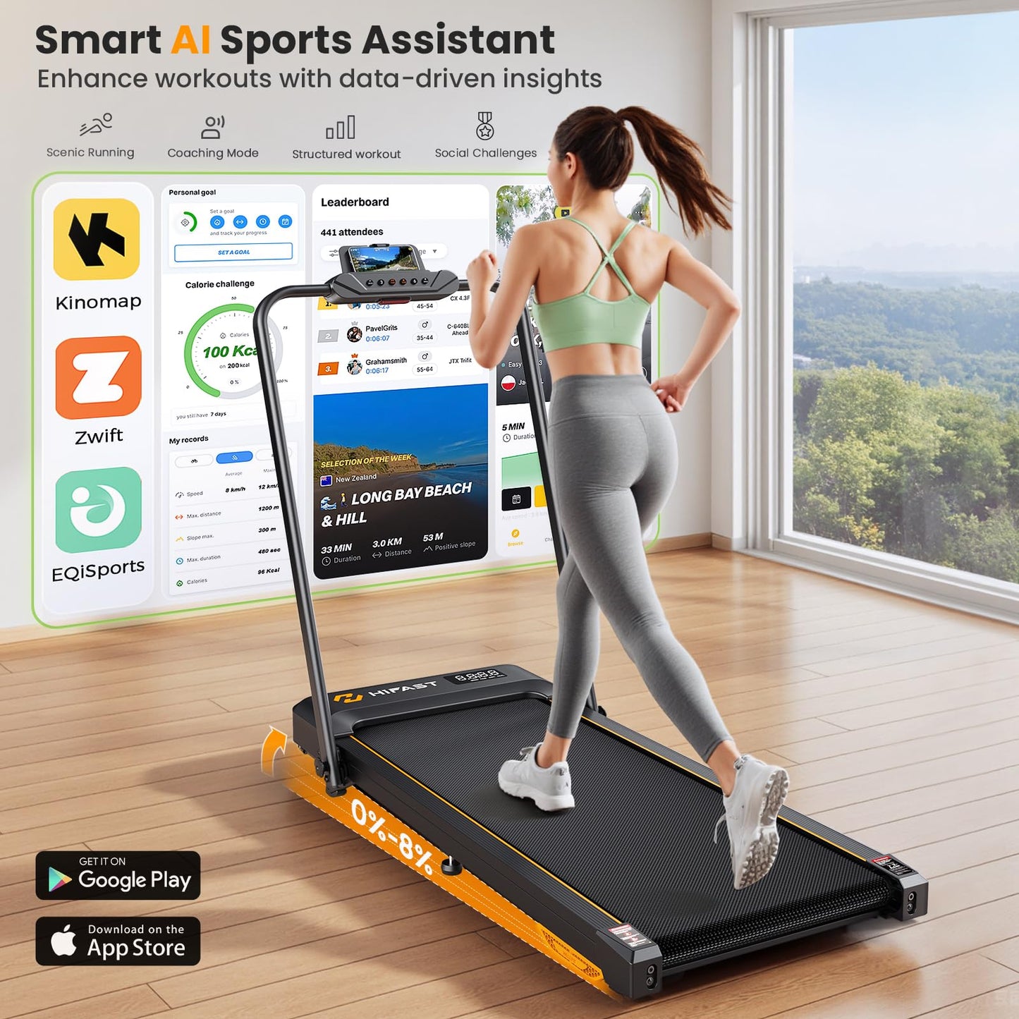 Hifast Walking Pad Treadmill, 3 in 1 Foldable Under Desk Treadmills for Home Office, Small Walking Pad with Incline Handle Bar, 300lbs Capacity 2.5HP Portable Running Machine with APP Remote Control