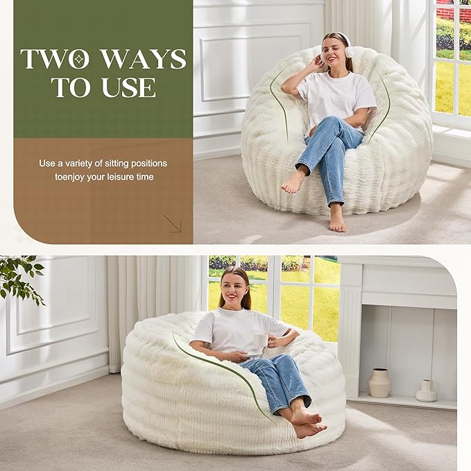 Hobestluk Bean Bag Chairs Beanbag Chair with Filler Adult Bean Bags with Fluffy Ripple Cover, Giant Bean Bag Chairs for Adults (White, 4FT - 44" x 44" x 24")