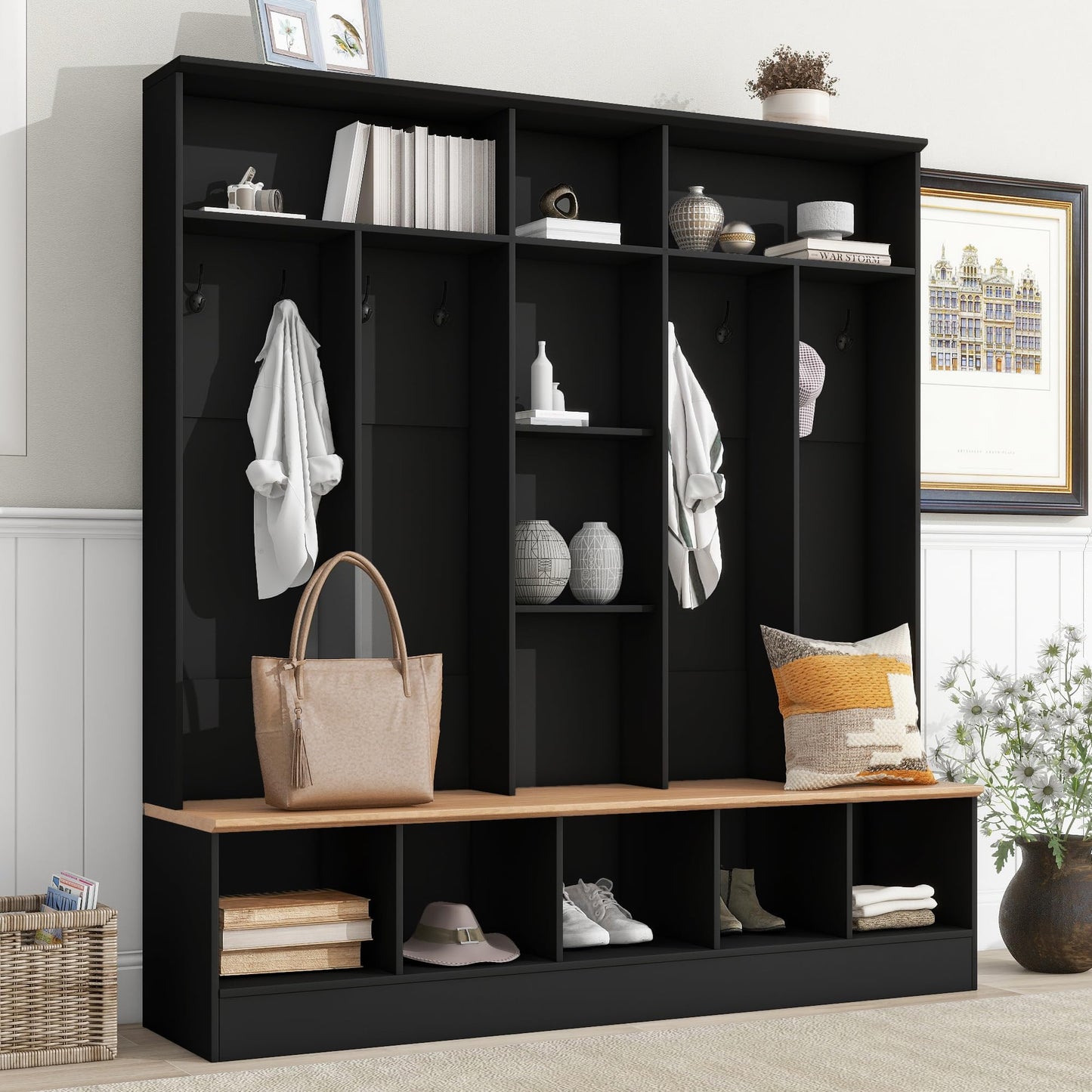Ball & Cast 69.9" Wide Design Hall Tree with Storage Bench,Multifunctional Coat Rack w/ 8 Hanging Hooks,Modern Shoe Cabinet w/Storage & Shelves,for Entryways, Mudroom,Black