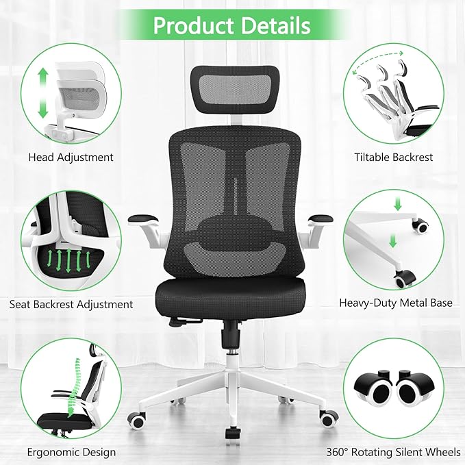 balmstar Office Chair,Ergonomic Comfy Home Desk Chair with 350LBS Capacity,High Back Gaming Chair with Wheels,Mesh Computer Chair,Lumbar Support, Adjustable Headrest,Flip-up Armrest (B-Black + White)