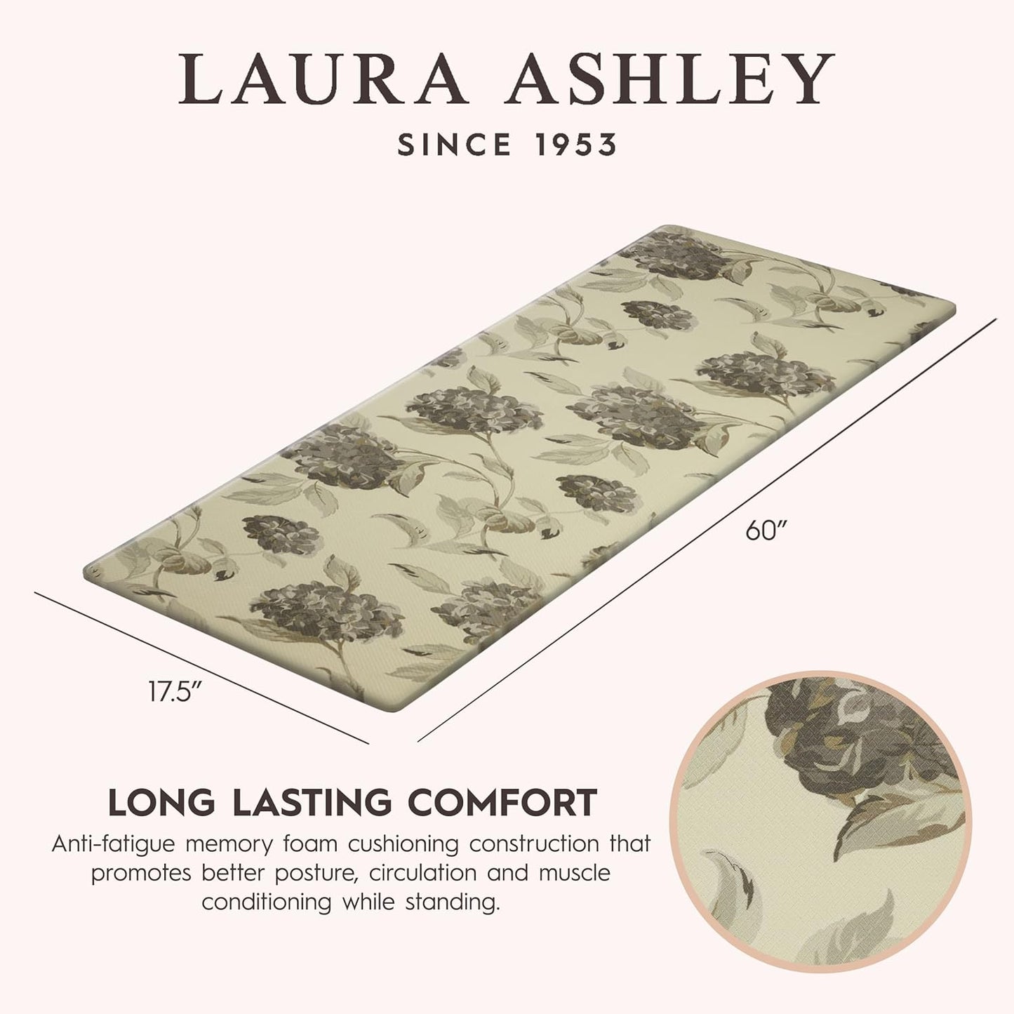 Laura Ashley – Anti-Fatigue Kitchen Mat | Hydrangea Floral Design | Stain, Water & Fade Resistant | Cooking & Standing Relief | Non-Slip Backing | Measures 17.5” x 60"| Grey Hydrnga