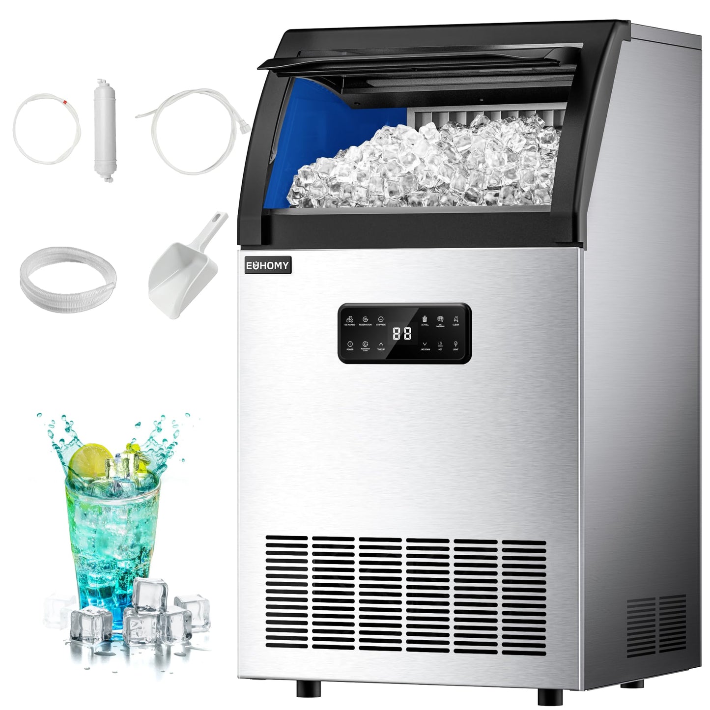 EUHOMY Commercial Ice Maker,105lbs/24H,Stainless Steel Under Counter Ice Machine with Water Filter,33lbs Storage Capacity, 45 Cubes in 8-12 Mins, Freestanding Ice Machine for Home/Bar/Cafe/Restaurant