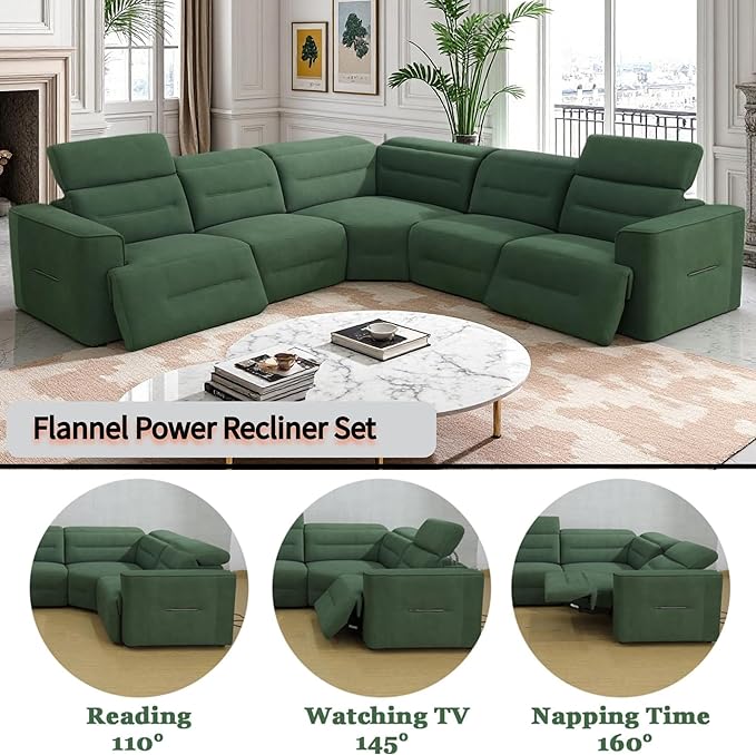 Power Recliner Sectional Sofa Set with USB Ports, Flannel Recliner Sofa Set with Adjustable Headrest, Reclining Sectional Couches, L-Shaped Living Room Furniture Set (Green, 5-Seater)