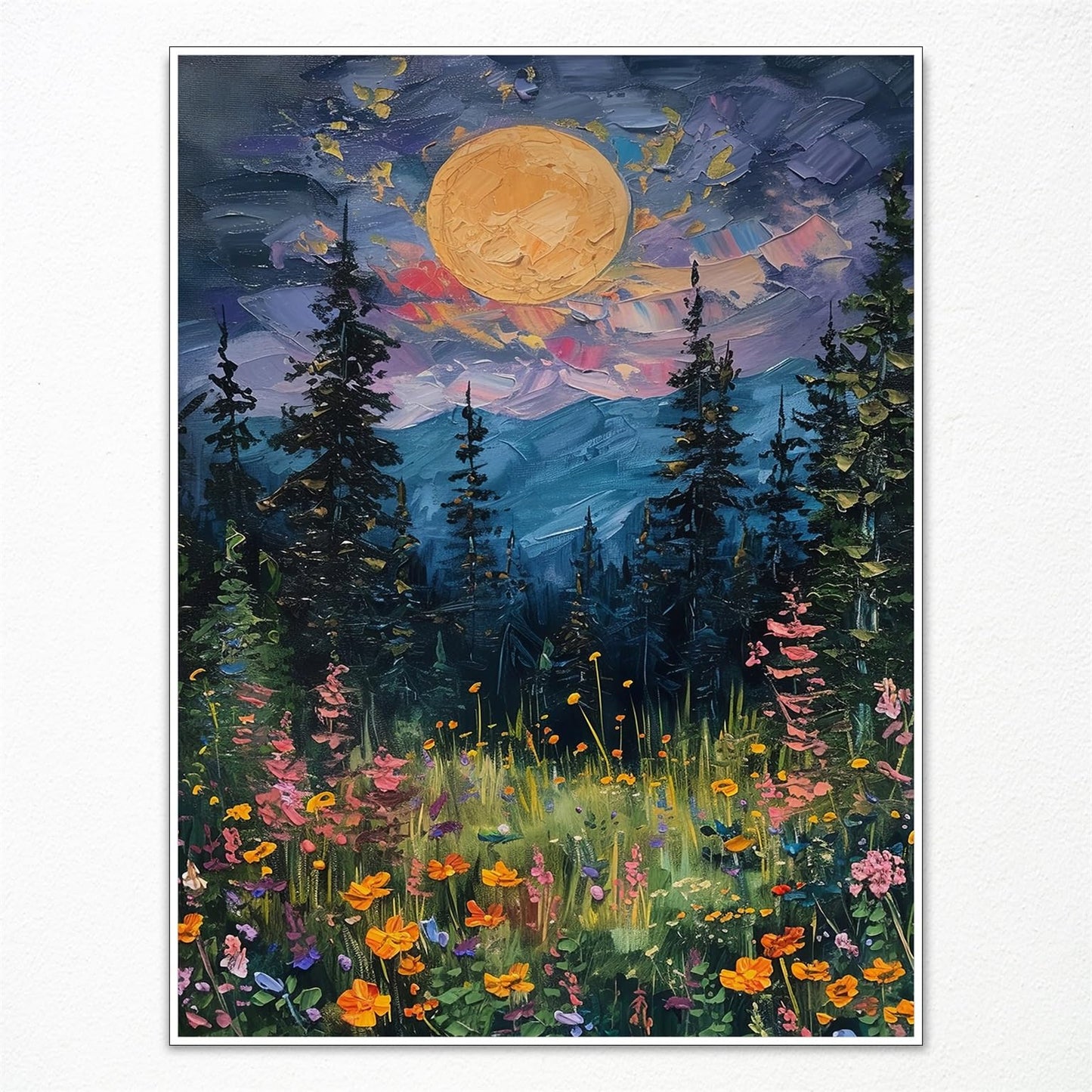 Yuaruo Vintage Full Moon Above The Wildflowers Nature Posters, Mystical Midnight Woodland Canvas Wall Art Print, Retro Flowers and Trees Oil Painting, Dark Forest Landscape 12x16in Unframed
