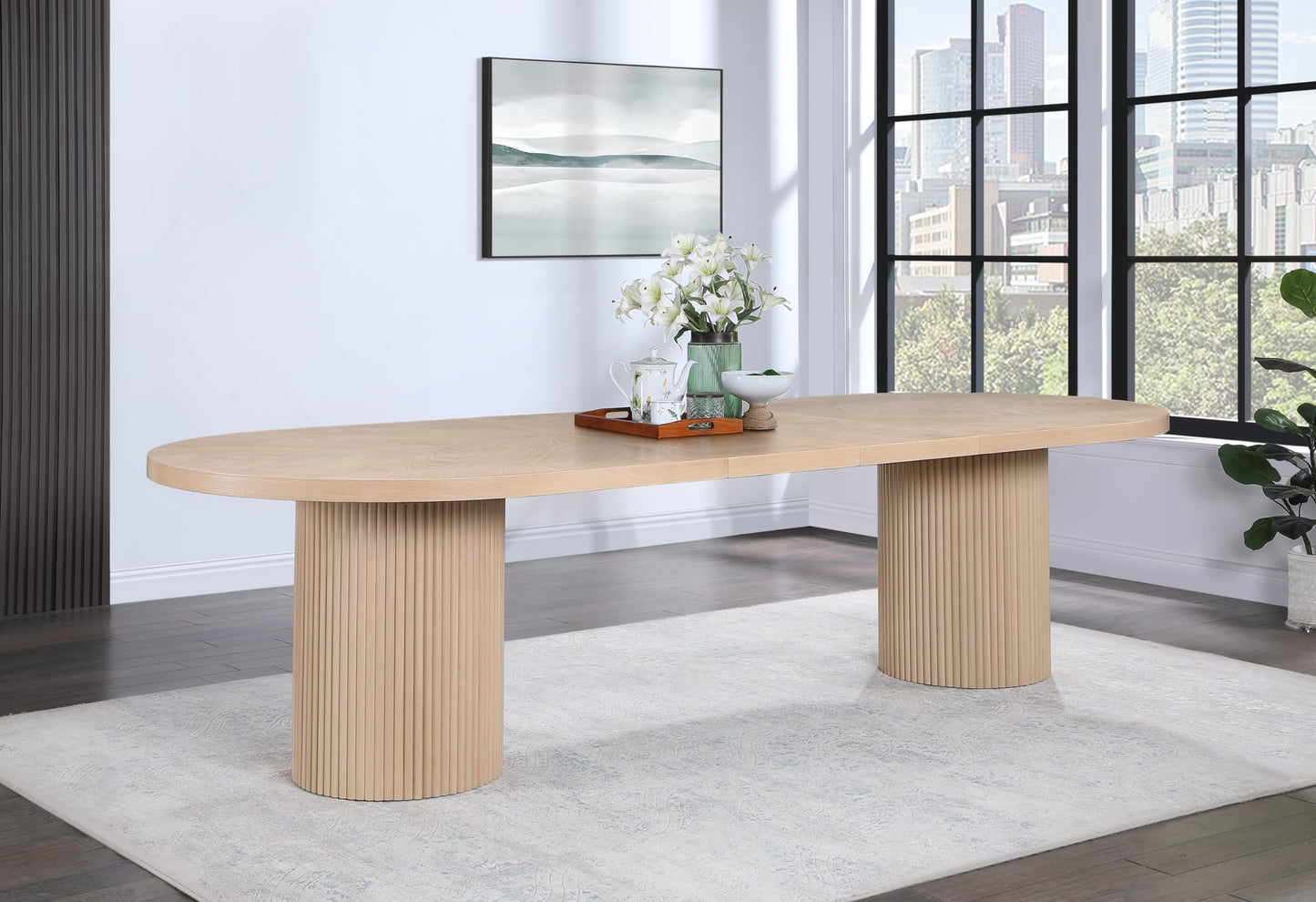 Meridian Furniture 725Oak-T Belinda Collection Mid-Century Modern Solid Wood White Oak Veneer Dining Table, Oval Design, Fluted Bases, 2 Leaves Included, 90"/106.5"/123" W x 47.5" D x 31" H, White