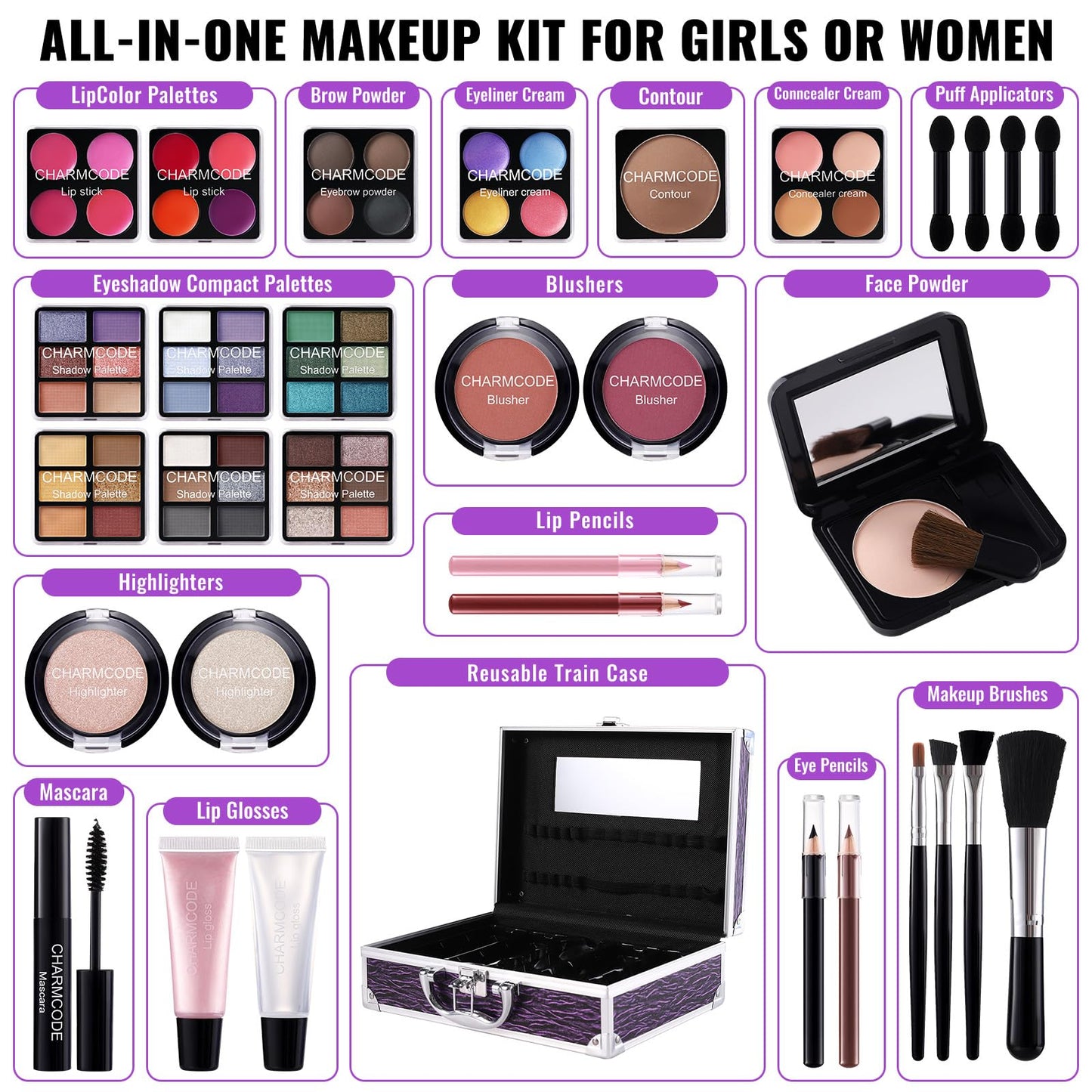 Makeup Kit for Teen Girls & Women Full Kit, Beauty Train Case with Starter Cosmetic Set, Make Up Valentine Gift Box with Eyeshadow,Lipgloss,Highlighter,Blush,Lip&Eye Pencils,Brush & More(Purple)