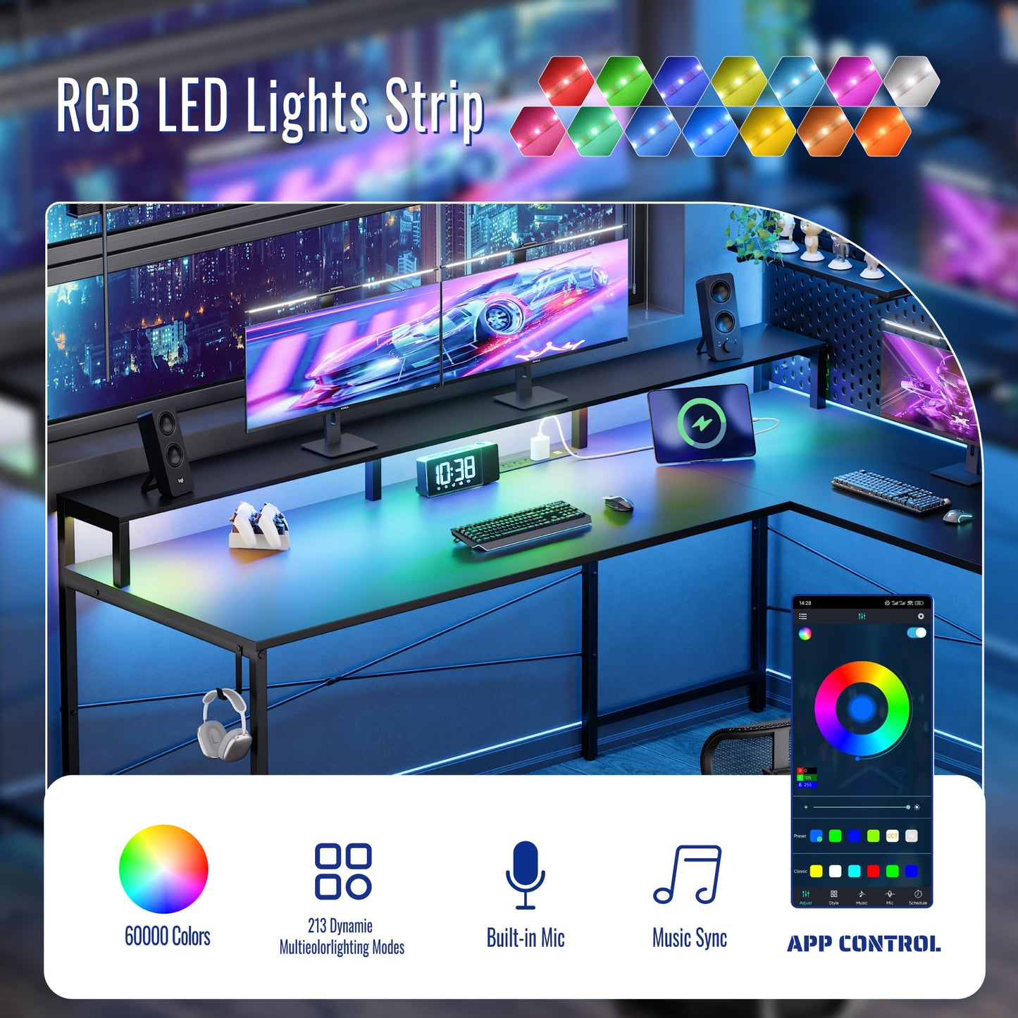Pamray 64 Inch L Shaped Gaming Desk with Power Outlets and Led Lights, Large Corner Computer Desk with Monitor Stand and Pegboard, PC Table for Home Office and Bedroom Black