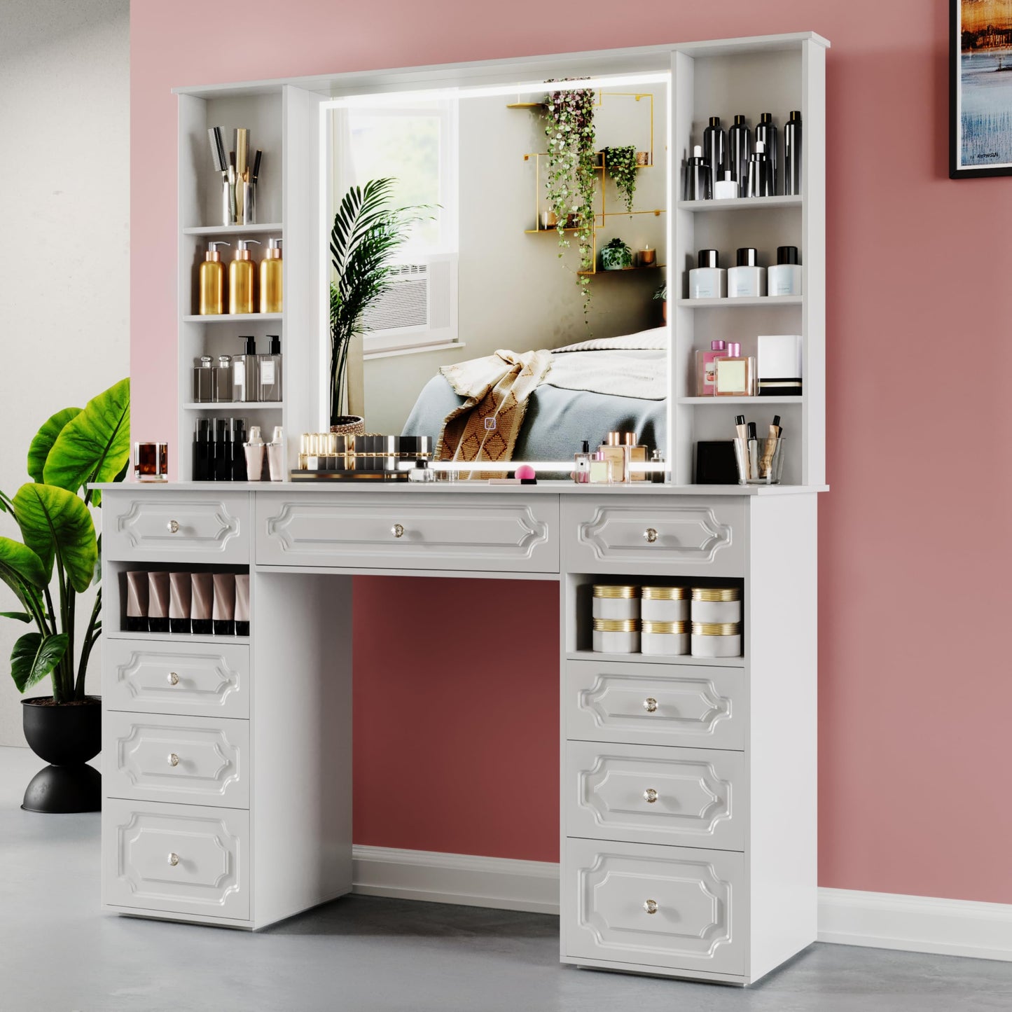 Makeup Vanity with Lighted Mirror, 47" Large Vanity Desk with 9 Drawers & 10 Open Storage Shelves, Brightness Adjustable, Dressing Table for Bedroom, Women Girl (White, B Panel)