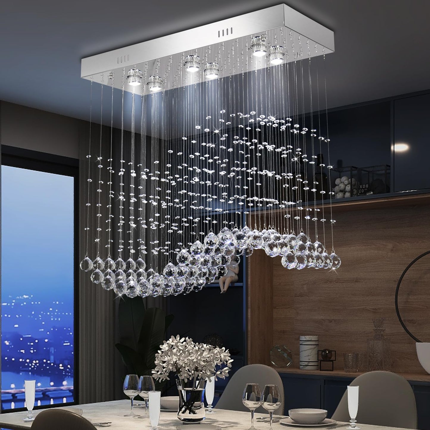 Finktonglan Linear Crystal Chandelier for Kitchen Island, 31.5'' Rectangular K9 Crystal Island Chandelier, 6-Light GU10 Height Adjustable Modern Dining Room Ceiling Light