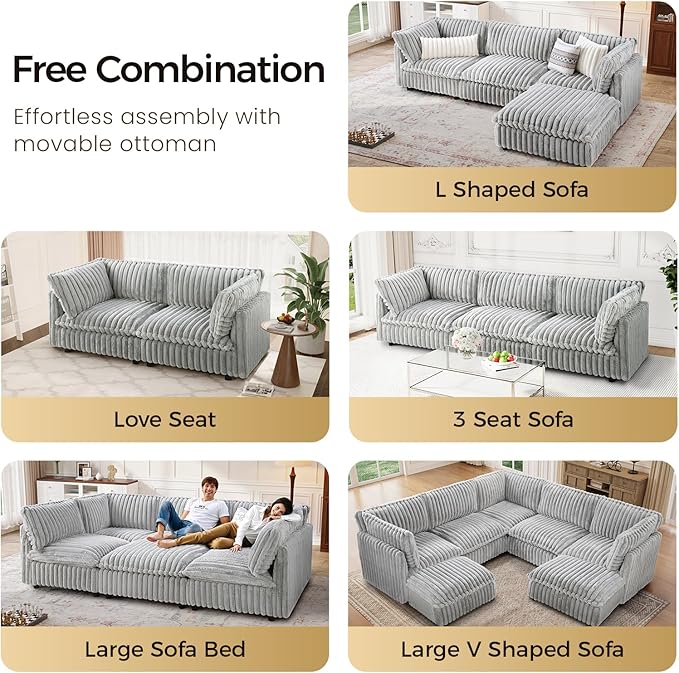 KKL Sectional Modular Couch for Living Room, V Shaped Corduroy Couches with Corner Seat, 5 Seater Oversized Sofa Convertible to Sleeper, Soft Fabric Modern Sofa, Grey