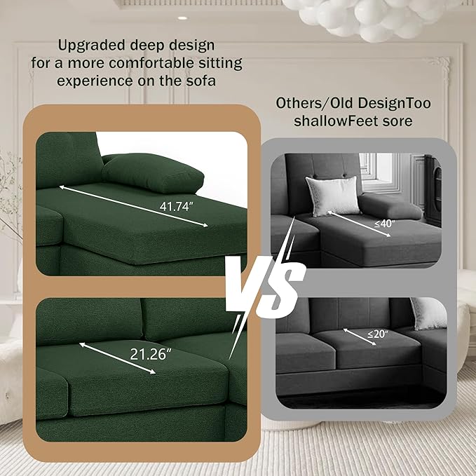 Chireca 111" Sectional Couch for Living Room, Modern Polyester Fibre U Shaped Sofa Couches with Double Chaise, Upholstered 4 Seater Sofa for Living Room, Apartment, Office, Dark Green