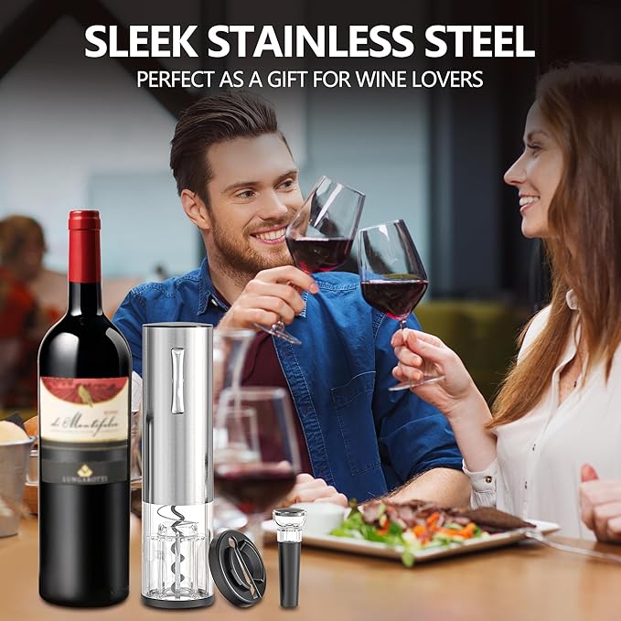Electric Wine Opener, Rechargeable Automatic Wine Bottle Opener with Foil Cutter, Wine Stopper, LED Light, Type-C Charging Wine Corkscrew for Home Party Wedding, Stainless Steel