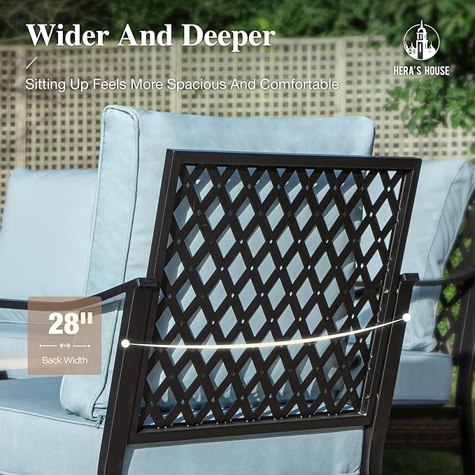 HERA'S HOUSE 4 Piece Metal Patio Furniture Set, All Weather Outdoor Conversation Set with 3 Seat Sofa, 2 x Cushioned Fixed Chair & Coffee Table, Seats 5 for Backyard, Garden, Deck, Blue