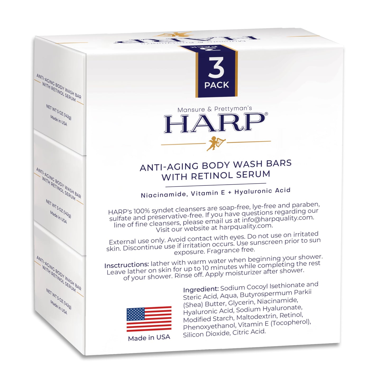 HARP Anti-Aging Body Wash Bar With Retinol + Niacinamide, Vitamin E, Hyaluronic Acid. 100% Syndet Base. Soap/Lye-Free and FRAGRA
