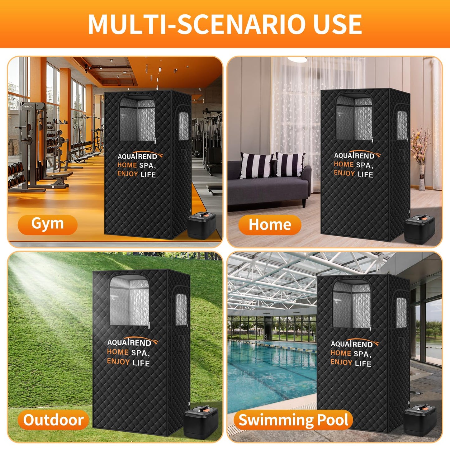 Aquatrend Portable Sauna Box for Home, 3' x 3' x 5.9' Personal Sauna Tent Full Size, 1200W 3L Steamer, Double Large Windows, Remote Control, Folding Chair, Fitness Gym Yoga Spa, Black