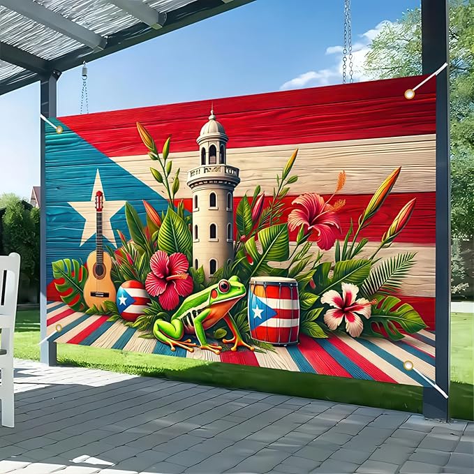 HOMETITUTE Puerto Rico Flag Frog Banner Indoor Outdoor Party Decor Backdrop 71x43 Inch Festivals Wall Banner Hibiscus and ...