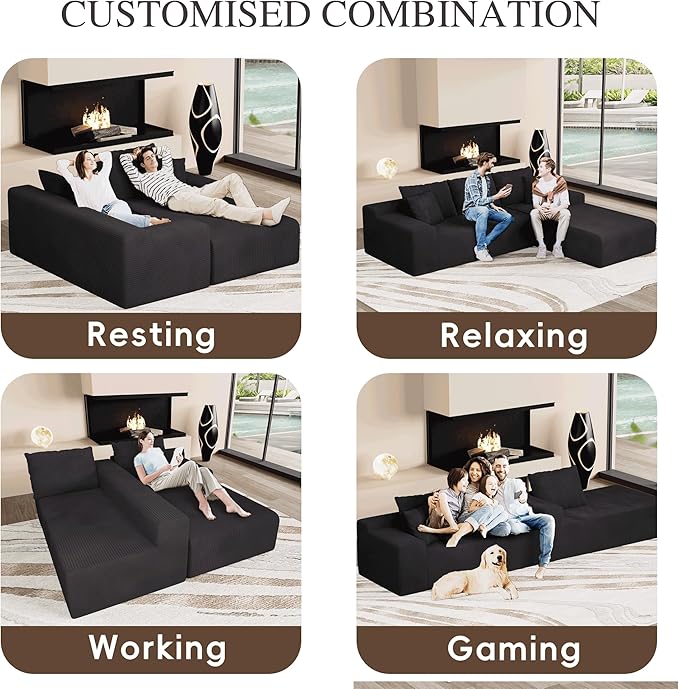 NAYA 106” Modular Sectional Sofa, Cloud Sectional Couch with Deep Seat, Modern Modular L-Shape Sofa Boneless Couch with Chaise for Living Room Bedroom (Black, Sectional Sofa with Right Facing Chaise)