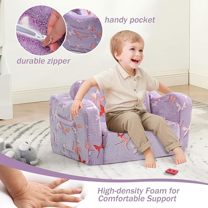 MeMoreCool Toddler Chair Comfy 1-3 Years Old, Kids Couch for Playroom, Convertible Glowing Butterfly Flip Out Sofa, Kids Furniture Floor Recliner Chair Bed