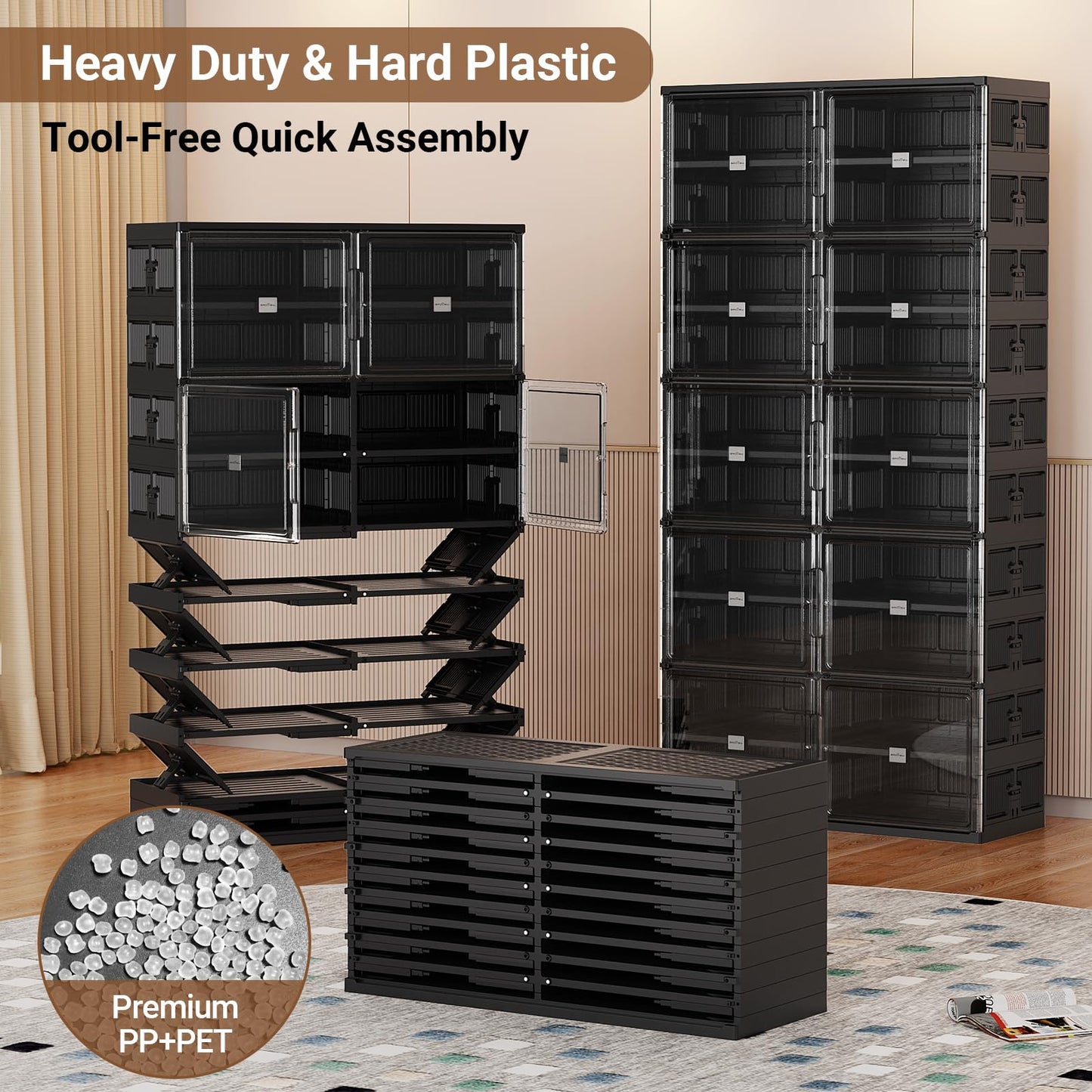 BROVIEW 10 Tiers 40 Pairs Large Plastic Shoe Storage Organizer Cabinet for Entryway, Hard Stackable Collapsible Shoe Box Organizer for Closet, Portable Folding Shoe Rack with Doors, Black S9